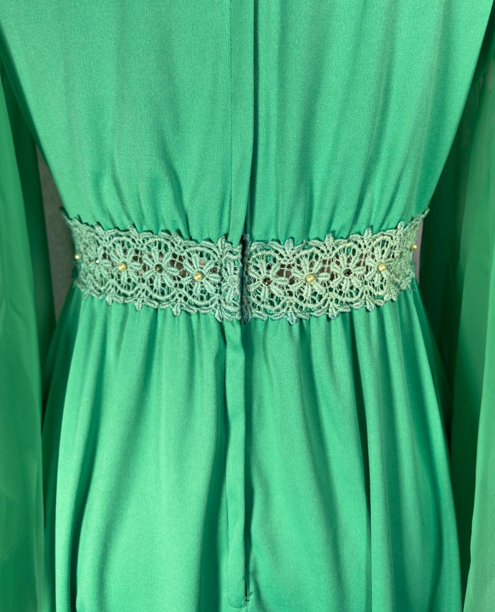 Vintage 70's Green Butterfly Sleeve Maxi Dress  Embroidered Daisy Trim