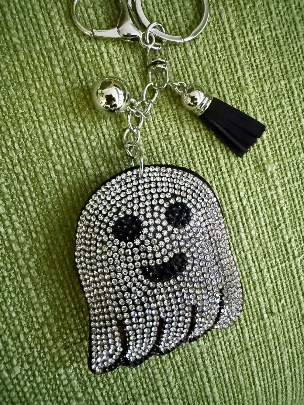 Rhinestone Ghost Charm Keychain with Gold Clasp and Tassel