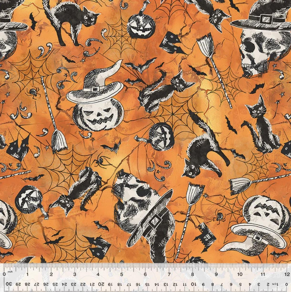 Halloween Night Pumpkin Cat Bat Spiderweb Print Orange Cotton Fabric Windham Fabrics