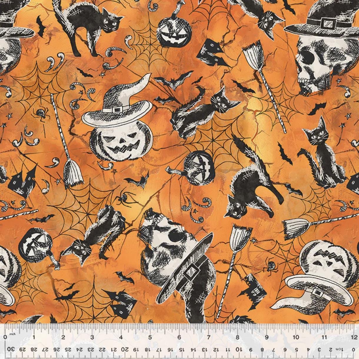 Halloween Night Pumpkin Cat Bat Spiderweb Print Orange Cotton Fabric Windham Fabrics