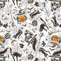 Halloween Night Pumpkin Cat Bat Spiderweb Print White Cotton Fabric Windham Fabrics