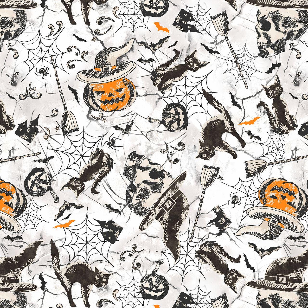 Halloween Night Pumpkin Cat Bat Spiderweb Print White Cotton Fabric Windham Fabrics