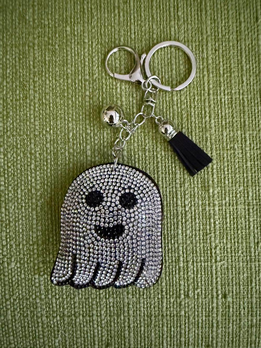 Rhinestone Ghost Charm Keychain with Gold Clasp and Tassel